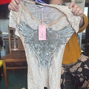 Beige Lace Top with Winged Heart Design